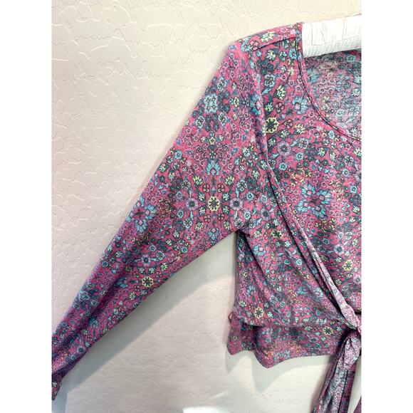 ANTHROPOLOGIE | Daily Practice Pink Floral Long Sleeve Wrap Tie Top | Medium - Picture 3 of 7